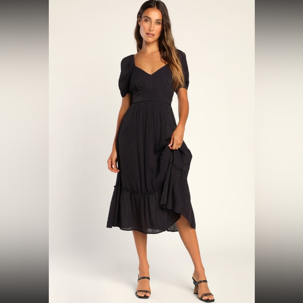 Lulu's Black Midi Dress with Puff Sleeves